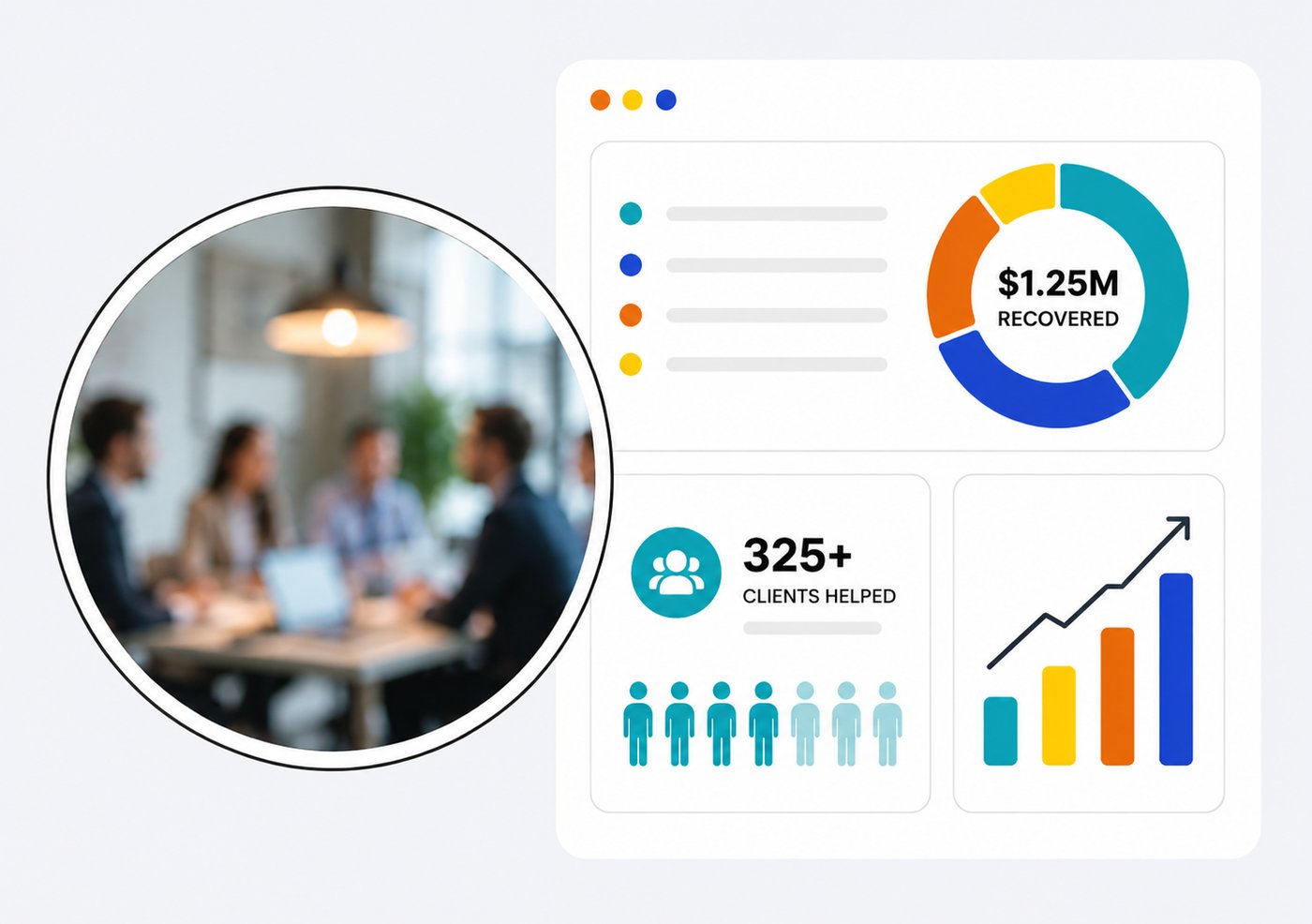 Law firm marketing results dashboard showing recovered amounts and clients helped