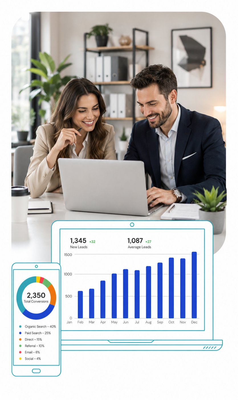 Law firm clients reviewing website lead and conversion analytics on a laptop